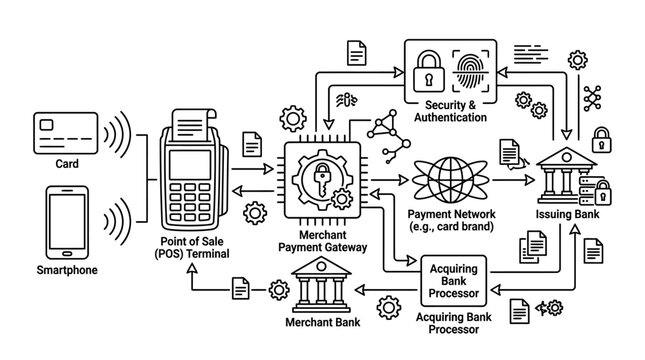 Mobile payment gateway and banking transaction processing diagram.