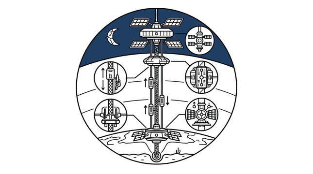 Circular space elevator planetary colony diagram.