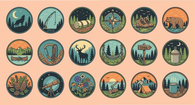 monoline badge logo icon sets outdoor adventure nature camping traveler