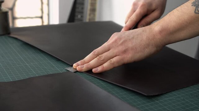 Craftsman cutting black leather with a ruler and cutter knife in a workshop