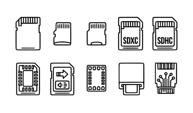 Digital Memory Cards and Storage Media Line Icon Set Featuring SD, Micro SD, SDXC, SDHC, Flash Drives, and Electronic Microchip Symbols for Tech Interfaces