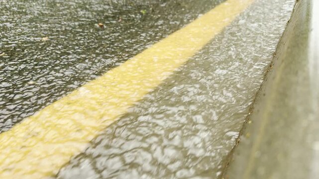 Rainwater rushes rapidly down a street gutter. The stream flows over a painted yellow line next to a concrete curb on the wet asphalt road.