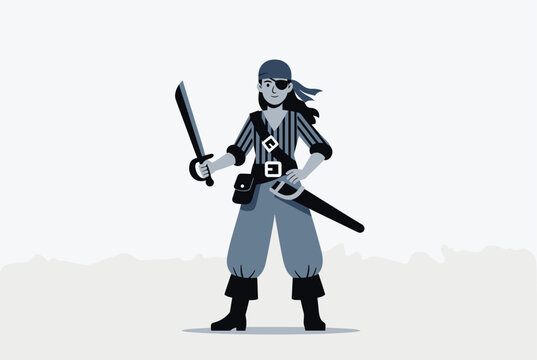 Confident female pirate character with an eye patch and striped shirt stands ready with her sharp cutlass in hand.