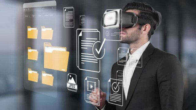 Businessman Using Virtual Reality Technology for Document Management and Digital Organization in Modern Office Environment Sigmoid