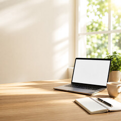 Fototapeta premium Minimalist Home Office Workspace with Laptop Coffee and Notebook