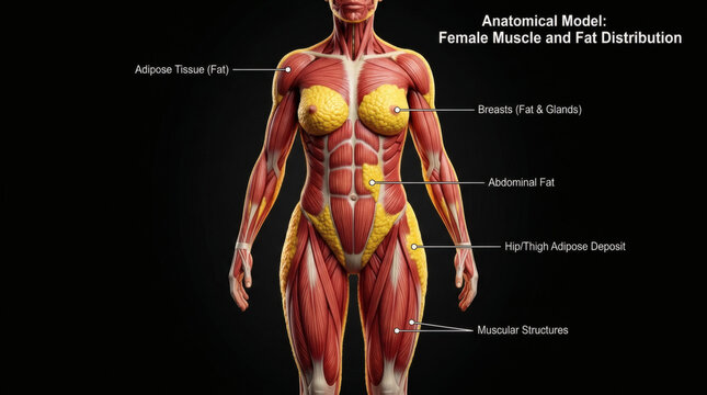 Female anatomy showing muscle and fat layers on black background