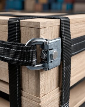 Close-up of black cargo strap tensioner securing wooden crate on pallet
