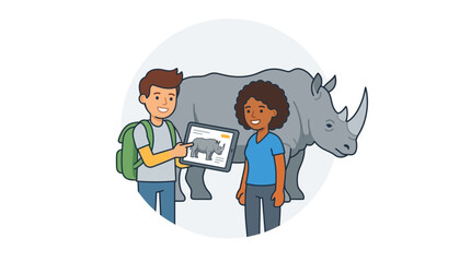 Tourists learn about rhino conservation on safari with tablet © zian