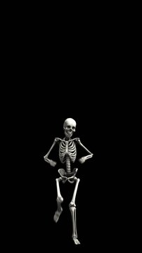 Seamless vertical video of a skeleton dancing house isolated with alpha channel. Funny halloween background.