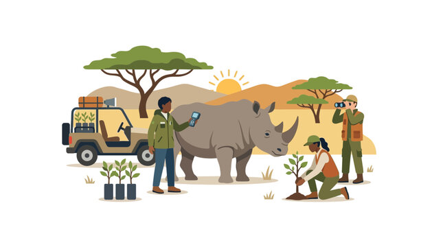 Wildlife conservation: people protect rhino and plant trees in savanna