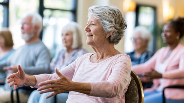 Senior woman exercising with group in seated chair exercise class