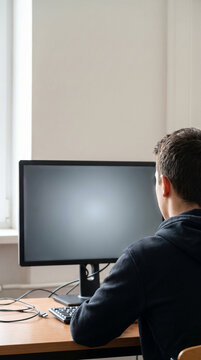 Young man sitting at his desk looking at a blank computer screen vertical shot