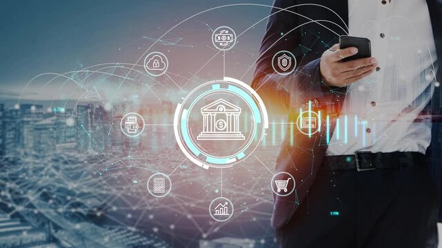 Business Professional Using Smartphone with Digital Banking Icons and Financial Data Visualization in Urban Environment. Entropy.