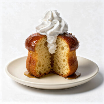 Traditional Baba au Rhum with Rum Syrup and Whipped Cream Isolated on White Background