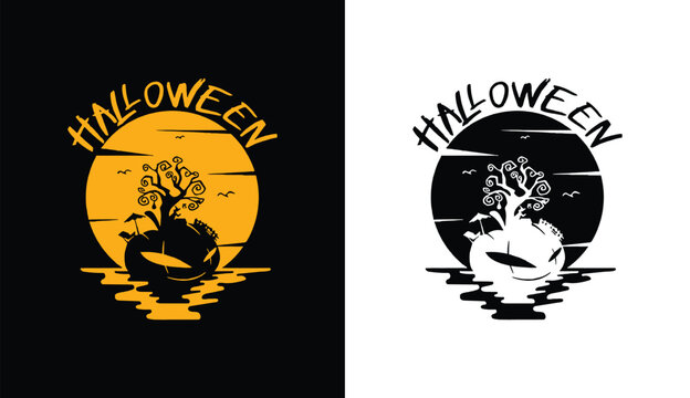 Happy helloween day pumpkin and tree silhouette on a moon background