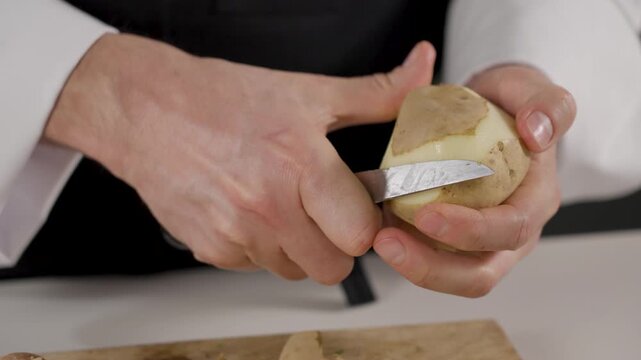 Cook peeling potatoes with a knife.