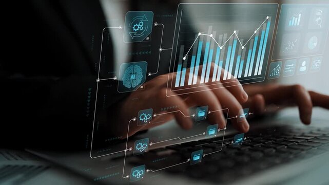 Data flow from database and cloud to processing and analytics dashboards, representing data analysis, automation, insight generation, and digital intelligence Marrow