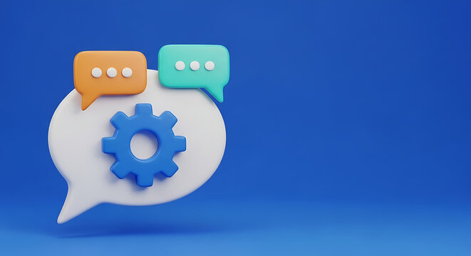 Communication concept with 3D speech bubbles and a gear symbol on a solid blue background communication settings feedback dialogue technical problems solutions discussion interaction