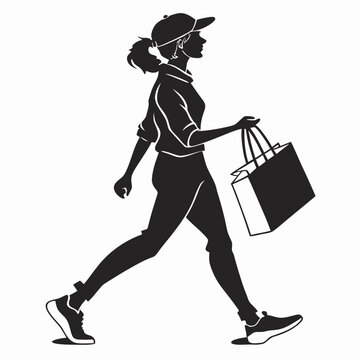 Shopper woman in a cap walks forward while holding a shopping bag in her hand with a solid look.