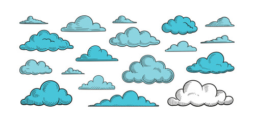 Fototapeta premium Cloud Collection: A collection of fluffy, stylized clouds in various shapes and sizes, rendered in shades of blue and white, evoking a sense of sky and atmosphere.