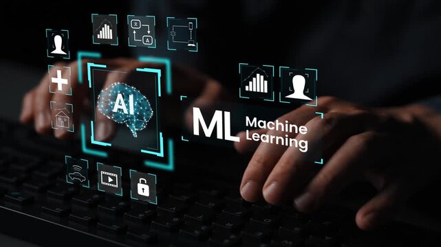 Hands Typing on Keyboard with AI Symbols and Machine Learning Concepts, Digital Technology and Innovation, Cybersecurity and Data Management Focus Gluon.
