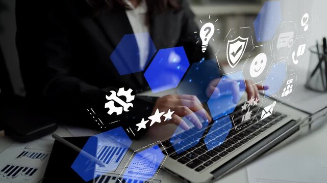 FAQ and online help icons show question, answer, and support system. FAQ improves online help experience, customer service quality, and FAQ knowledge access. Funnel