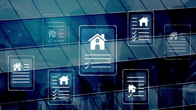 Abstract representation of real estate concepts with house icons and checklists overlaid on a modern office building background showing urban life Gluon.