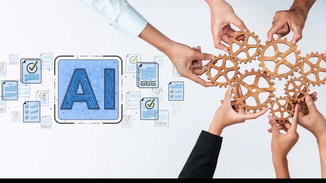 Collaborative Teamwork with Hands Holding Cogs and AI Concept Representation on Whiteboard Background Sigmoid