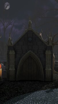 vertical video of pumpkins and candles in a cemetery at night. Halloween background. Camera scroll