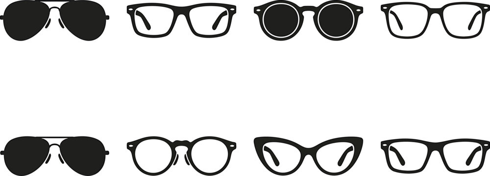 Variety of stylish eyeglasses designs in black and white silhouette style