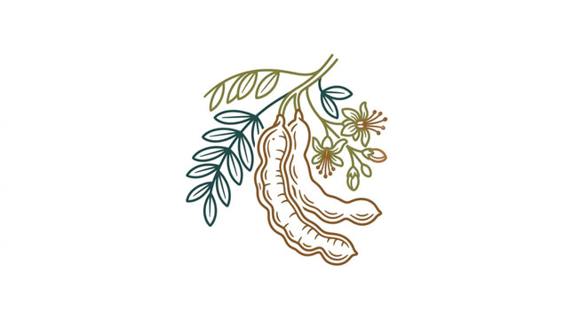 Tamarind fruit and leaves illustration on white background.