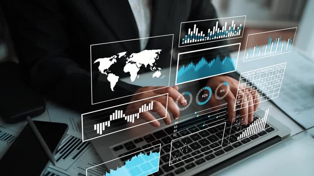 Business analyst working on laptop with data visualizations, graphs, charts, and maps representing global business metrics and insights in modern office Gluon.