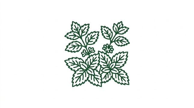 Stylized Outline Drawing of Fresh Mint Leaves and Small Flowers.
