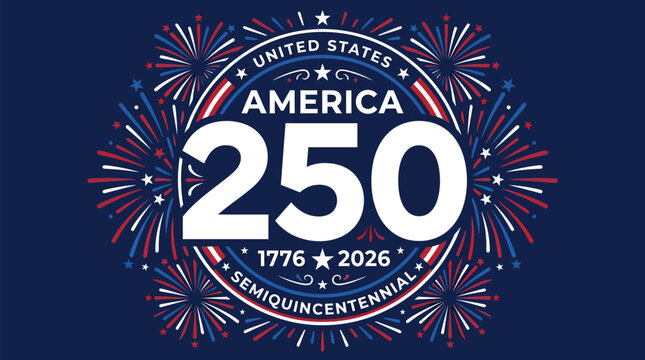 Patriotic America 250 logo featuring vibrant red white and blue fireworks