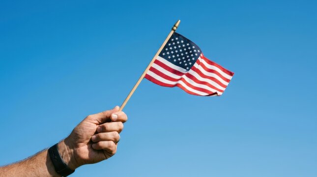 American flag held by hand against clear blue sky, patriotic United States symbol for Independence Day, small US flag for national holidays