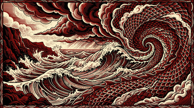 Detailed marine pattern with decorative kraken and swirling tentacles