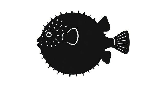 Pufferfish silhouette icon on white background, black blowfish illustration, aquatic puffer fish graphic, minimalist sea life symbol for logo design