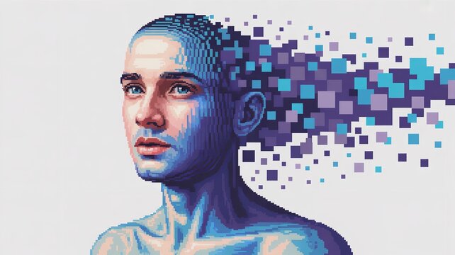Digital portrait of human face with pixelated glitch art effect in futuristic cyber style