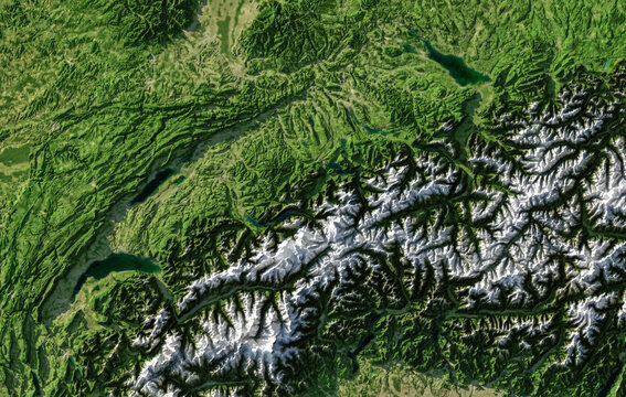 Switzerland's Alps region depicted in a 3D relief map. Elevation and terrain details showcased with shading. Elements of this image derived from NASA imagery and SRTM dataset.