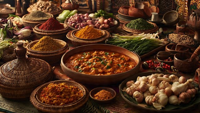 Traditional Indian cuisine spread with multiple dishes and spices.