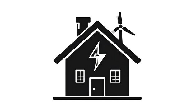 A simple black and white icon of a house with a lightning bolt on it