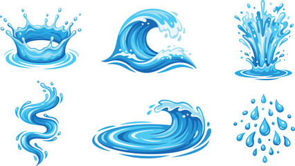 Obraz premium Cartoon Blue Water Element Collection Set with Splash Wave Swirl Puddle Drop and Spray for Nature and Aqua Design