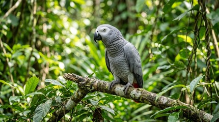 Obraz premium Intelligent african grey parrot perched gracefully on a mossy tree branch inside a sunlit natural tropical rainforest environment filled with lush foliage