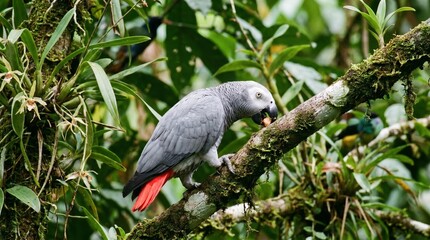 Obraz premium Intelligent african grey parrot with a bright red tail lean forward curiously on a mossy branch surrounded by lush tropical rainforest jungle greenery