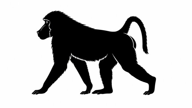 Baboon silhouette on white background, black primate profile walking, african monkey wildlife shape, isolated animal graphic for nature design