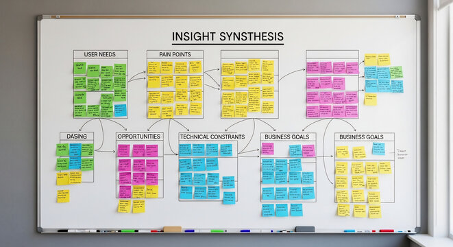 Insight Synthesis Whiteboard with Multi-Colored Sticky Notes for Business Strategy, User Needs, and Problem Solving