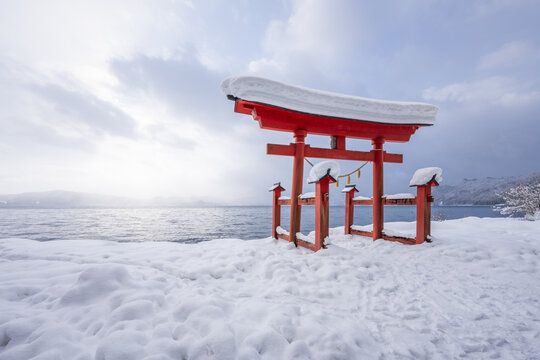 Gozanoishi Shrine at Lake Tazawa in winter, Semboku, Akita Prefecture, Japan