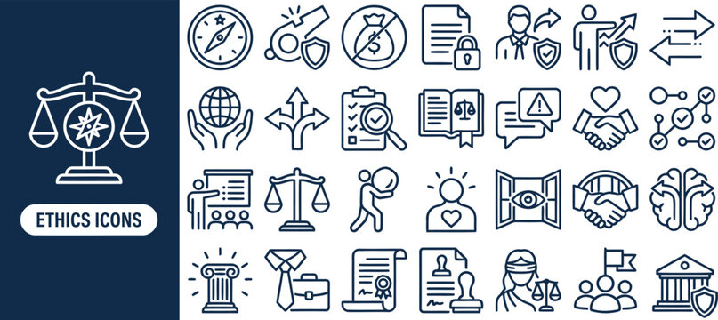 Business Ethics and Compliance outline icon set. Featuring balance, handshake, shield, gavel, and document symbols. Editable stroke vector icons for corporate policy and code of conduct.