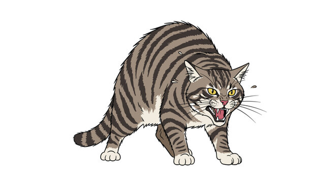 Aggressive brown tabby cat with an arched back and bared teeth showing its claws in a defensive and threatening posture.