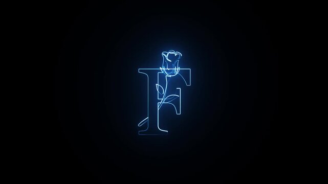 Blue neon letter F with elegant rose flower outline glowing on black background in motion graphics animation